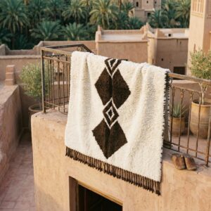 Handwoven Beni Ourain Diamond Wool Rug, Brown Cream Berber Carpet, Boho Living Room Decor