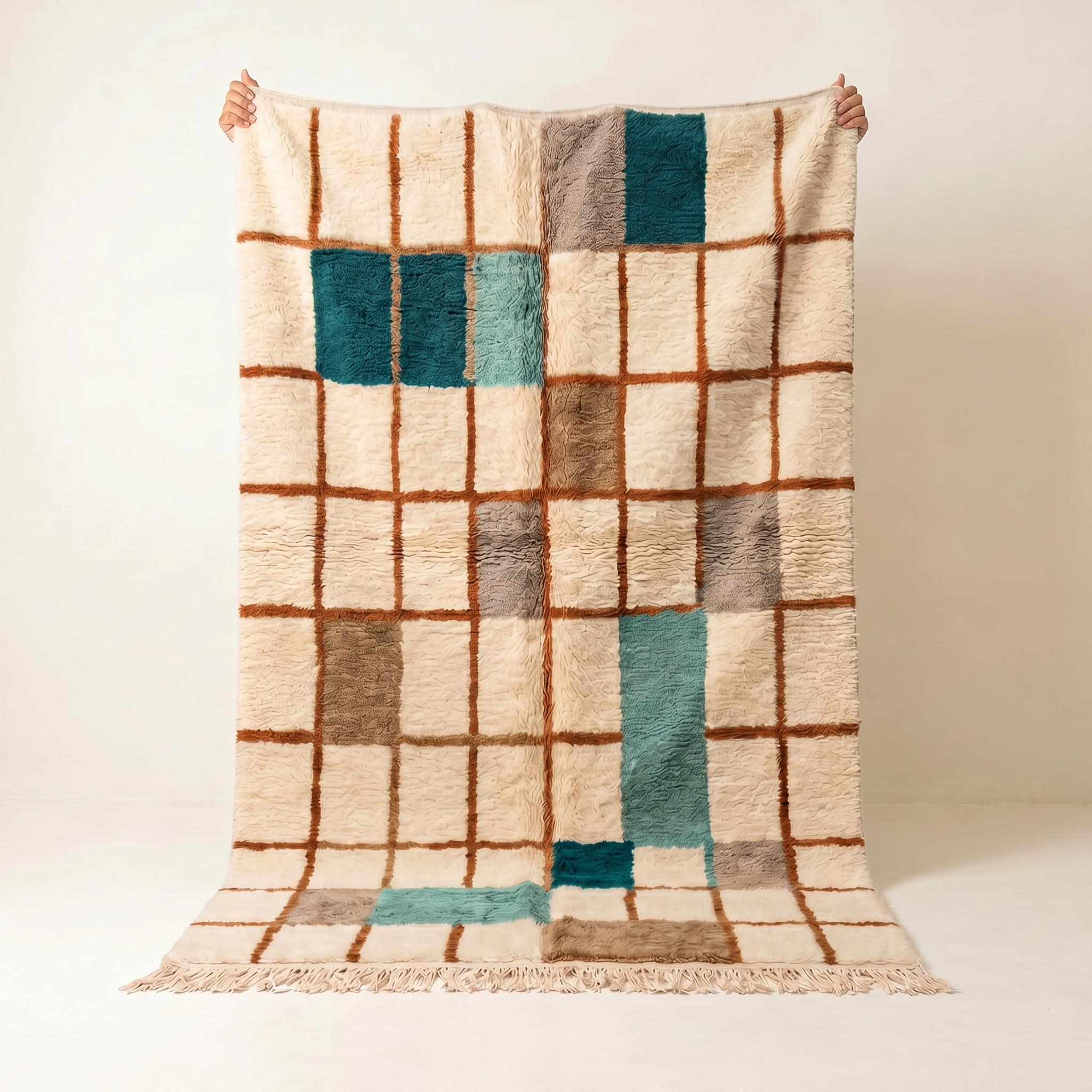 Boujaad Rug - Ivory Teal Terracotta Wool Rug - Handmade Grid Abstract Rug - Boho Area Rug - Berber Carpet - Multiple Sizes
