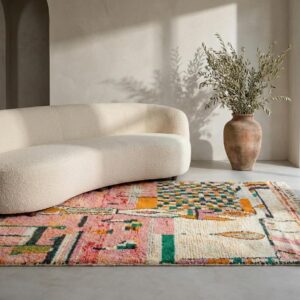 Pink Abstract Wool Rug, Handwoven Berber Carpet, Bohemian Geometric Area Rug