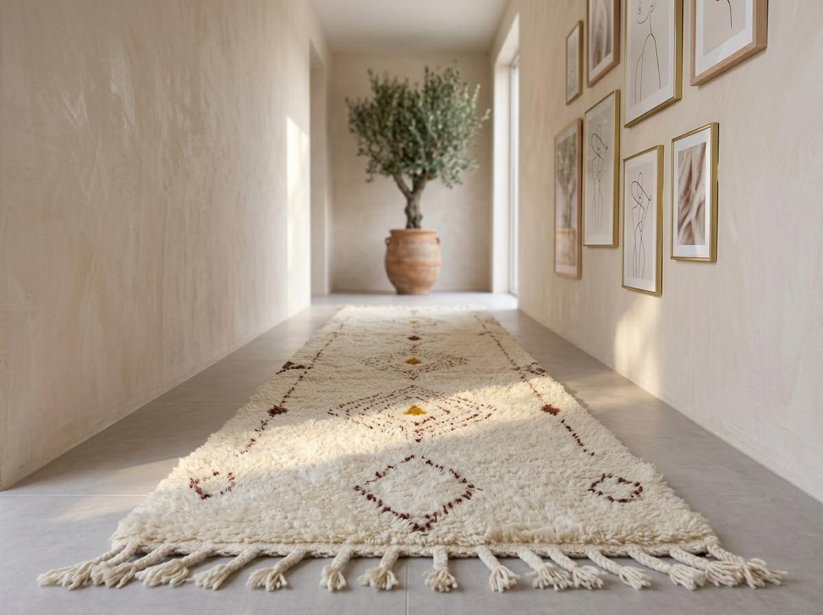 Beni Ourain Runner Rug, Berber Hallway Carpet, Cream and Brown Tribal Shag, Modern Minimalist Entryway Decor, Custom Size