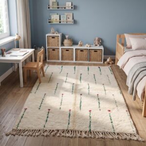 Berber Shag Rug - Ivory Wool with Green Stem & Pink Flower Motifs, Soft Handmade Area Rug