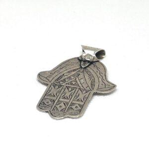 Antique Amazigh Engraved Silver Hamsa Pendant: Old Judaica Hand of Fatima Pendant Necklace