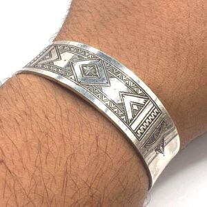 Berber Sterling Silver Tuareg Cuff Bracelet: Hand-Engraved African Tribal Bangle, Boho Ethnic African Hammered Jewelry
