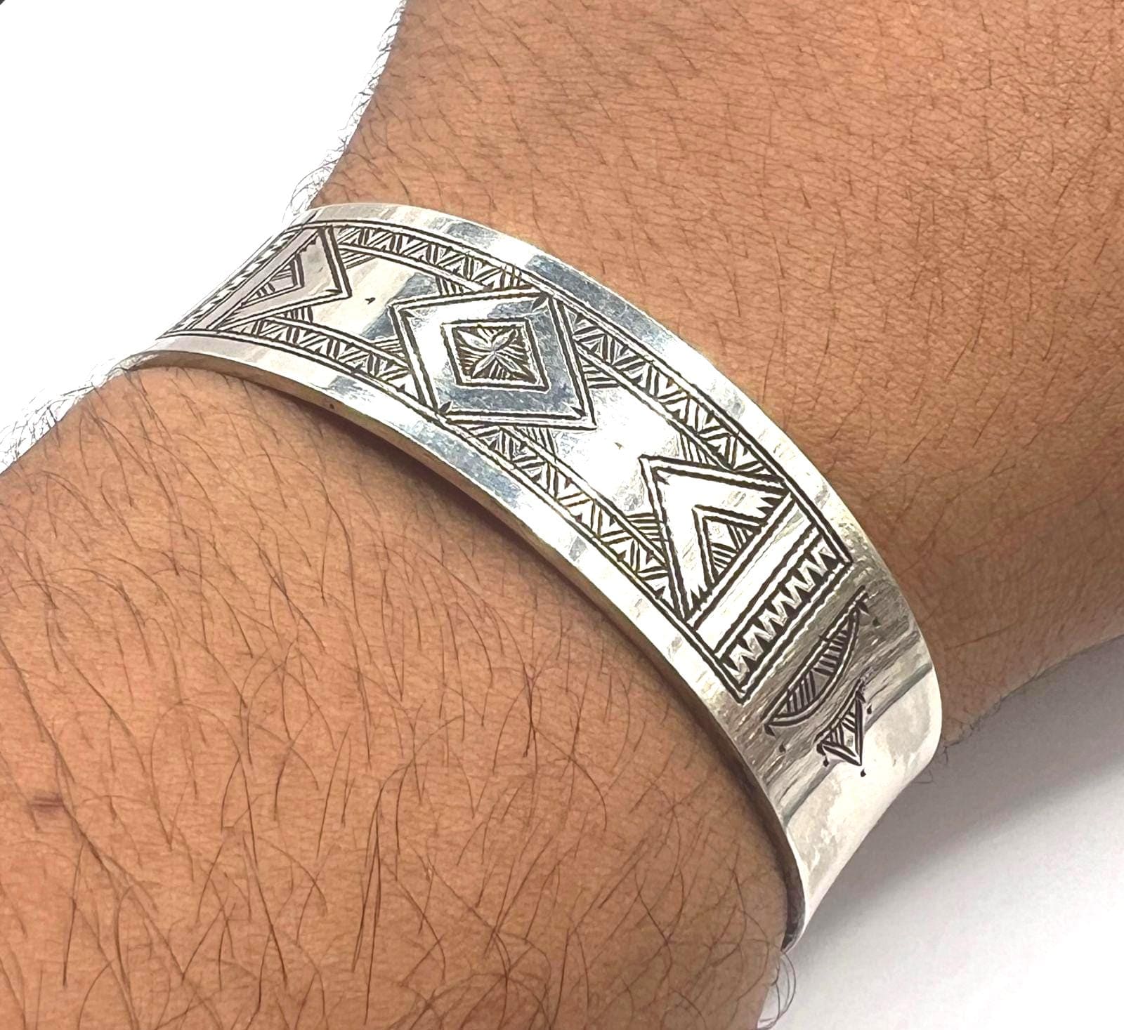 Berber Sterling Silver Tuareg Cuff Bracelet: Hand-Engraved African Tribal Bangle, Boho Ethnic African Hammered Jewelry