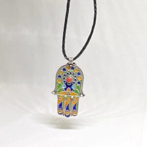 Enamel Hamsa Hand Sterling Silver Pendant: Amazigh Berber Coral Necklace