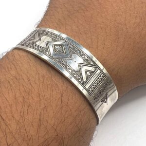 Berber Sterling Silver Tuareg Cuff Bracelet: Hand-Engraved African Tribal Bangle, Boho Ethnic African Hammered Jewelry