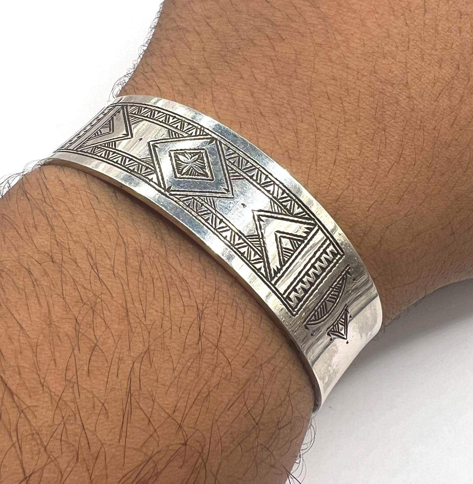Berber Sterling Silver Tuareg Cuff Bracelet: Hand-Engraved African Tribal Bangle, Boho Ethnic African Hammered Jewelry