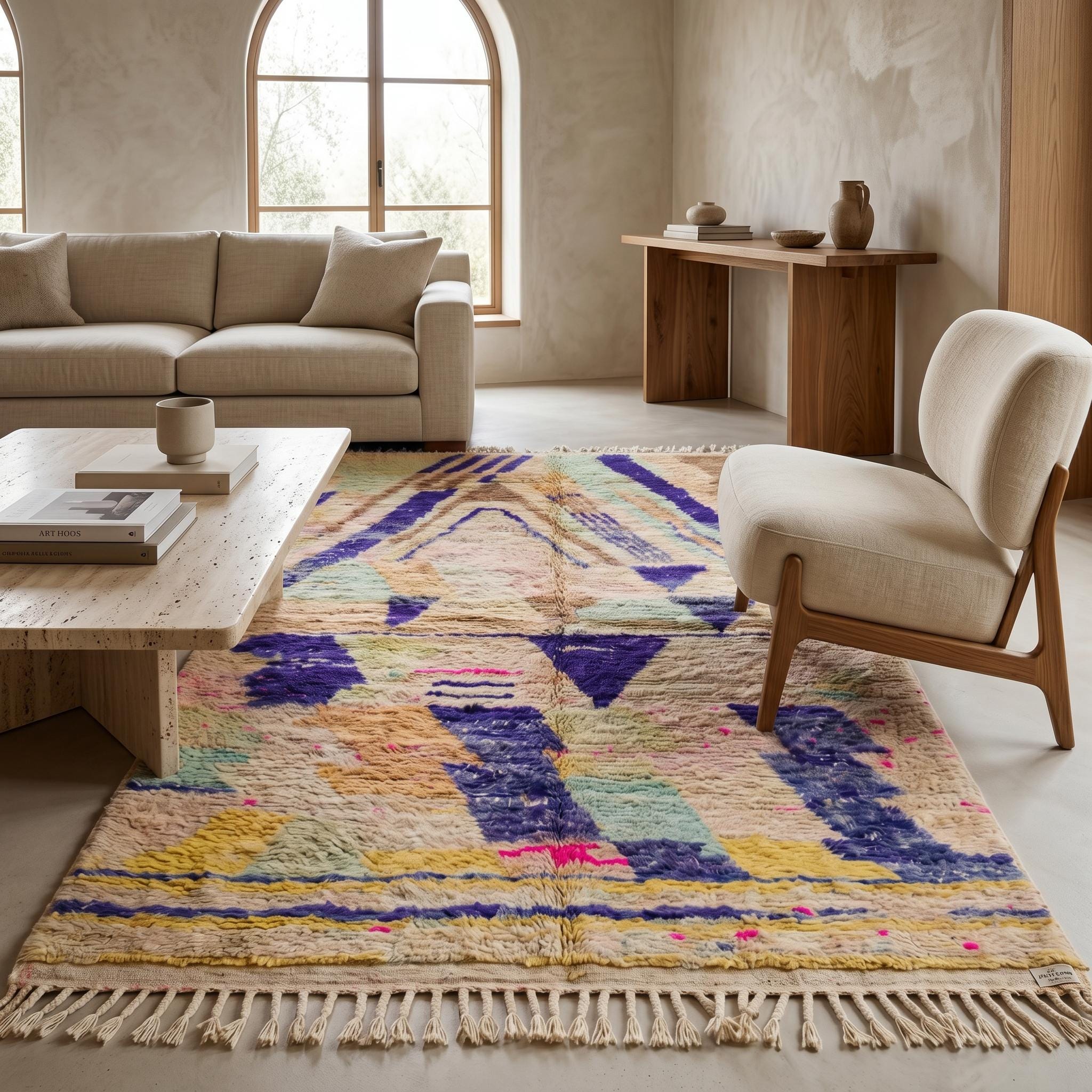 Boujaad Rug - Sandy Beige Purple Violet Wool Rug - Handmade Abstract Geometric Rug - One of a Kind Boho Berber Carpet