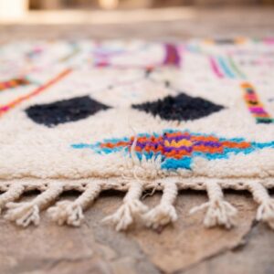 Azilal Rug - Ivory Wool Shag with Multicolor Folk Art Symbols, Handmade Tribal Berber Area Rug
