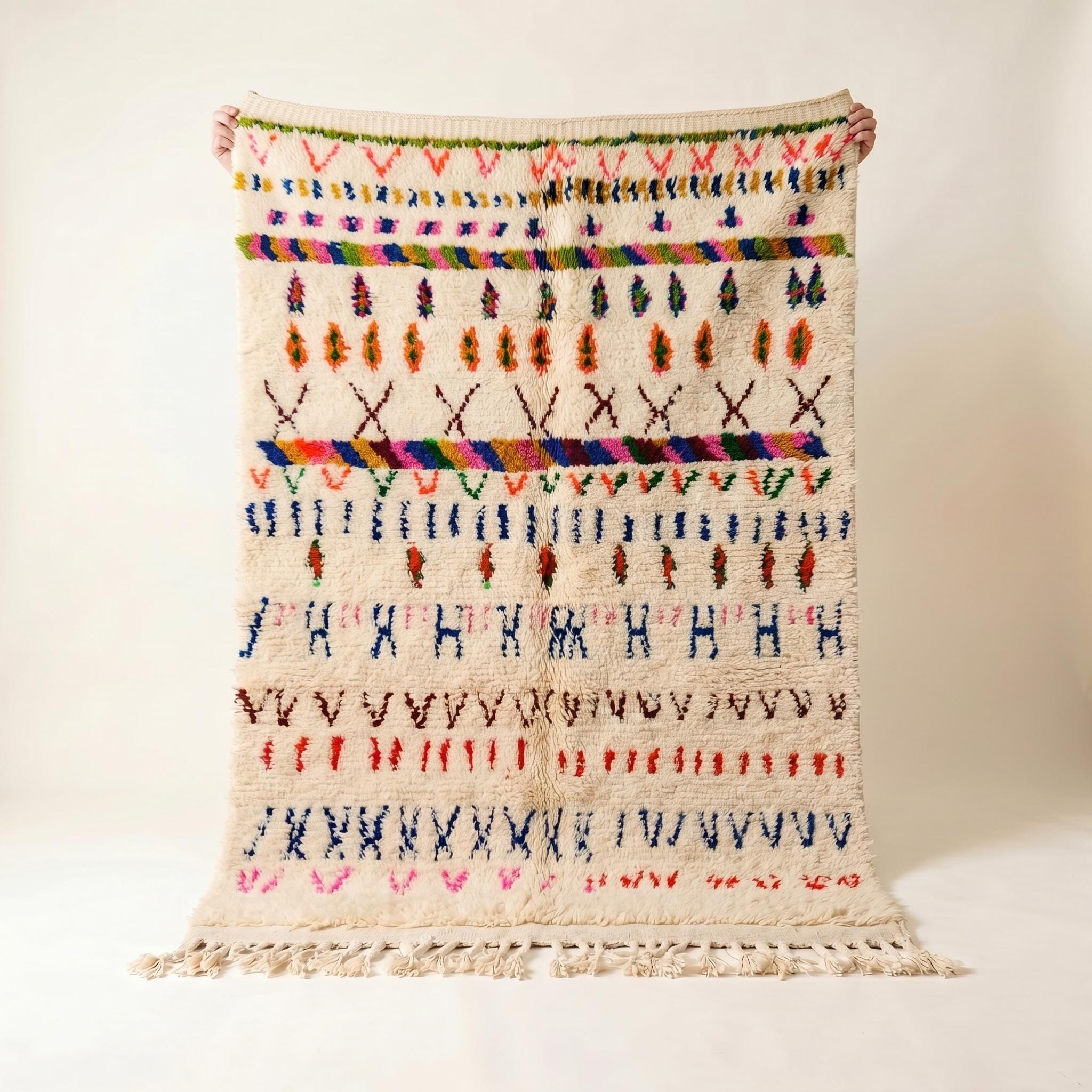Azilal Rug - Ivory Multicolor Tribal Wool Rug - Handmade Stripe Symbol Rug - Colorful Area Rug - Berber Carpet - Multiple Sizes