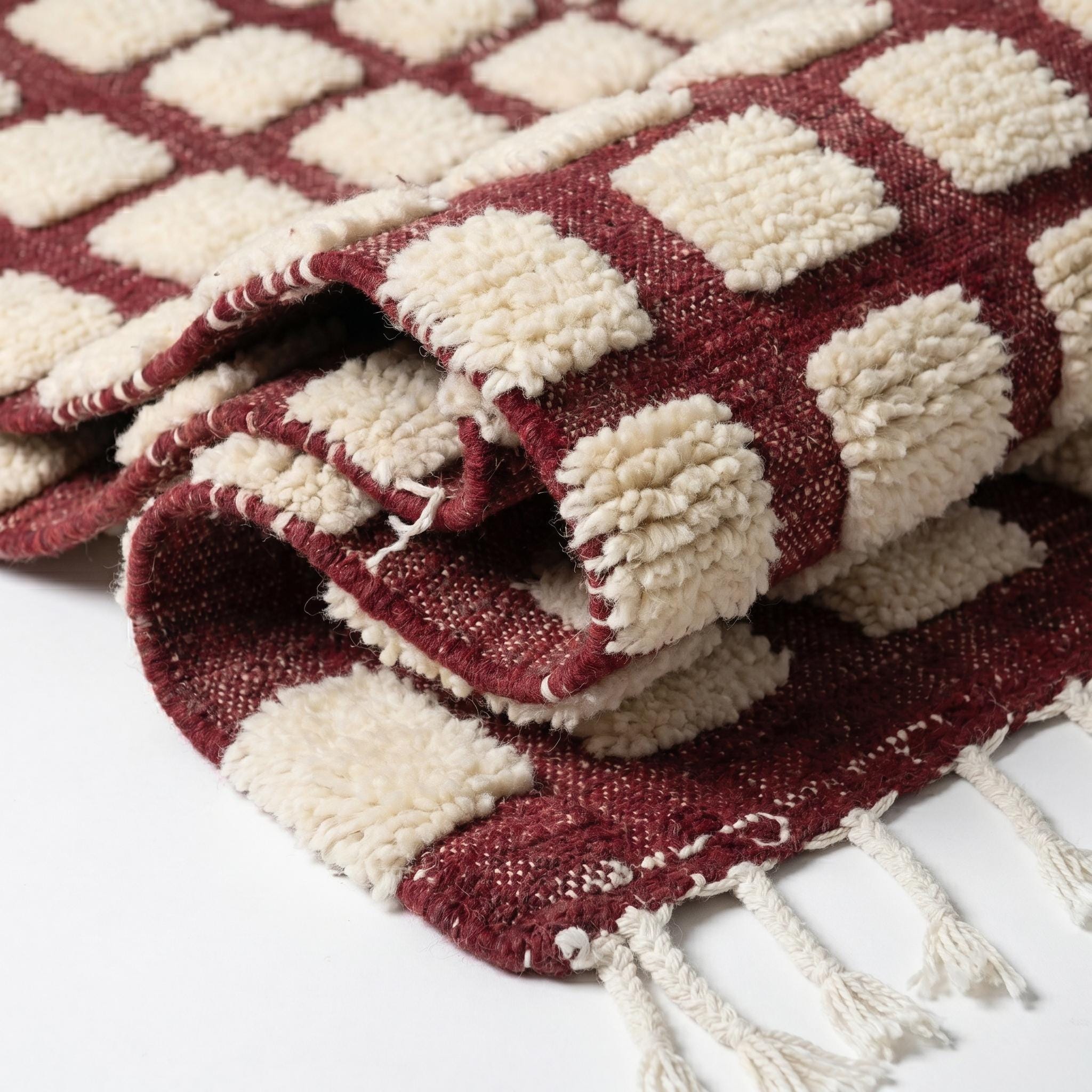 Checkered Rug - Burgundy Ivory Wool Rug - Handmade Checker Rug - Maximalist Area Rug - Rich Berber Carpet - Multiple Sizes