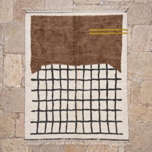 Chocolate Brown Grid Amazigh Rug, Hand-Knotted Beni Ourain Wool Carpet, Earthy Modern Shag