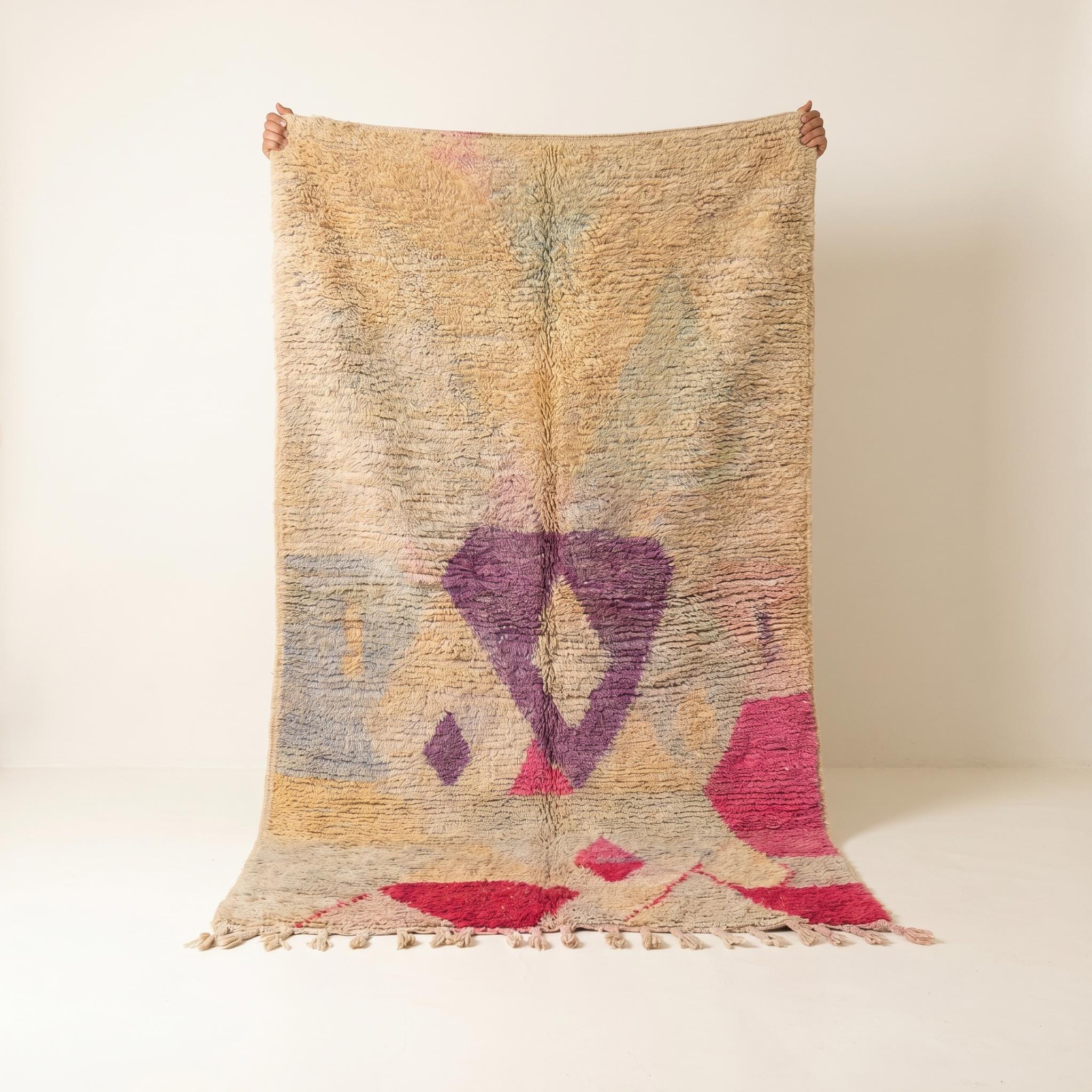 Boujaad Rug - Sandy Beige Purple Fuchsia Wool Rug - Handmade Abstract Rug - 8x5 Boho Area Rug - One of a Kind Berber Carpet