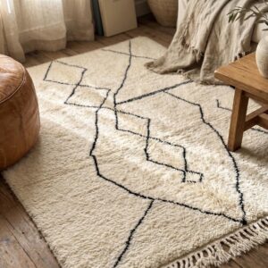 Hand-Knotted Ivory Wool Rug, Minimalist Black Diamond Berber Carpet, Scandinavian Shag Home