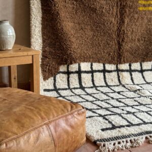 Chocolate Brown Grid Amazigh Rug, Hand-Knotted Beni Ourain Wool Carpet, Earthy Modern Shag