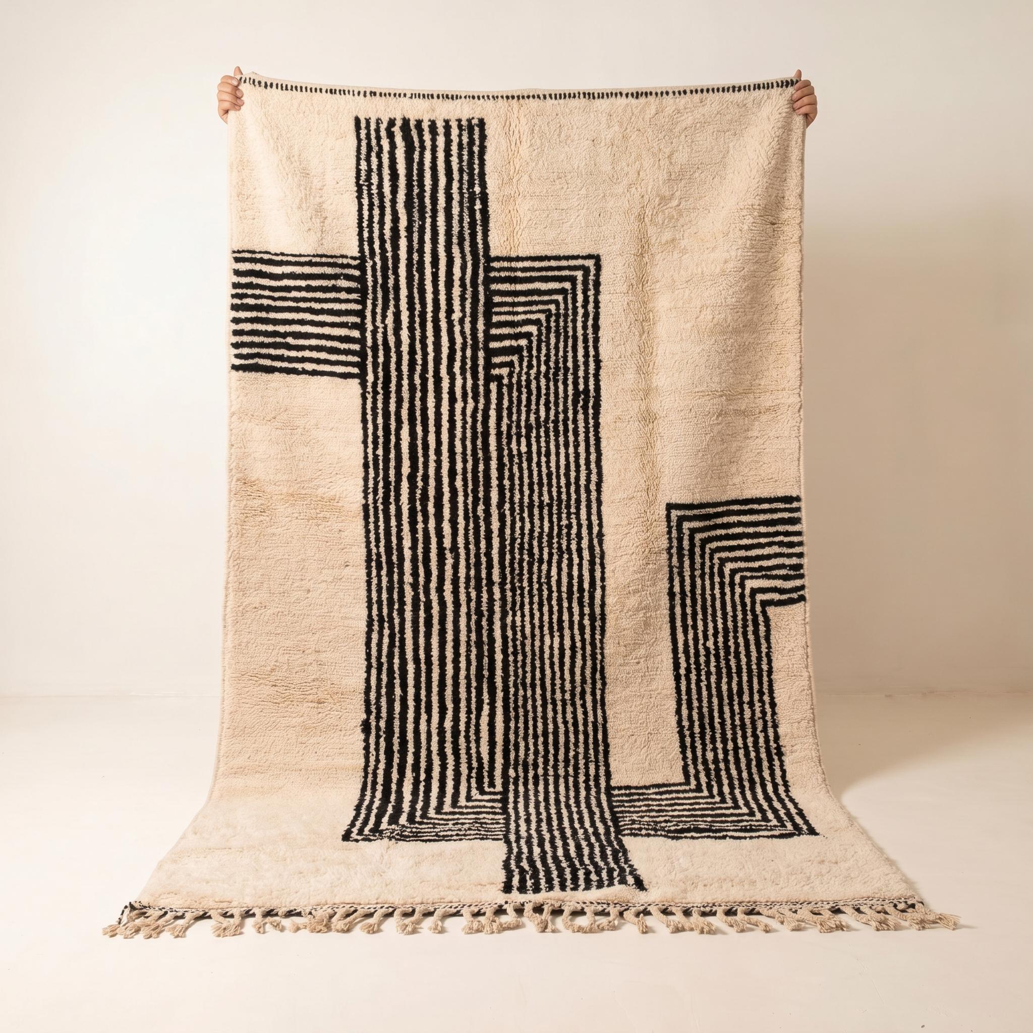 Beni Ourain Rug - Ivory Black Wool Rug - Handmade Geometric Rug - Modern Area Rug - Graphic Berber Carpet - Multiple Sizes