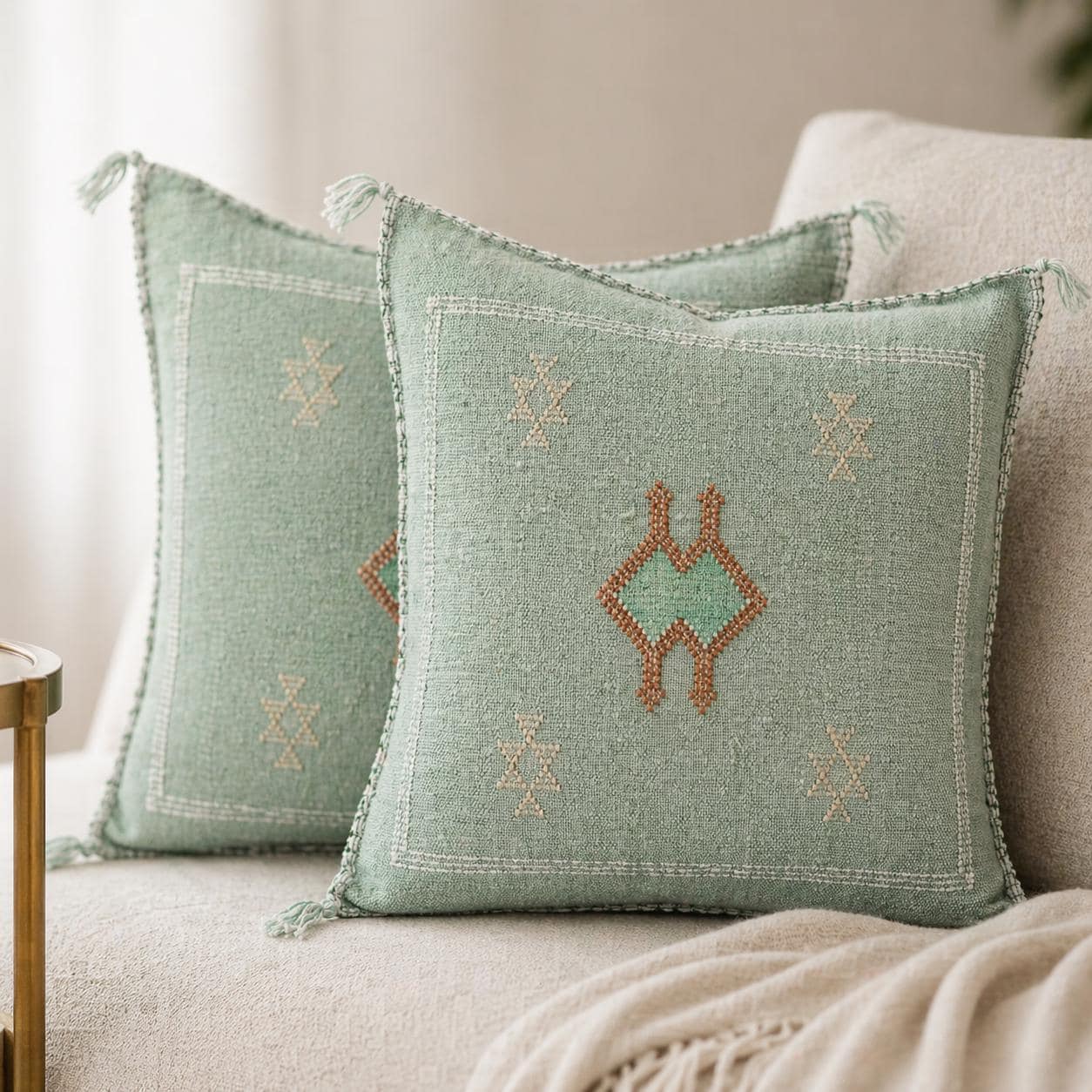 Berber Handmade cactus silk cushion case Green Pillow