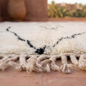 Hand-Knotted Ivory Wool Rug, Minimalist Black Diamond Berber Carpet, Scandinavian Shag Home