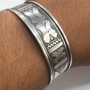 Sterling Silver Tuareg Cuff Bracelet: Hand-Engraved Berber Tribal Bangle, Boho Ethnic African Hammered Jewelry