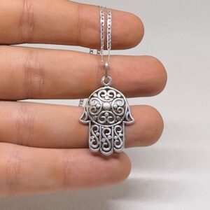 Berber Sterling Silver Hamsa Pendant: Judaica Hand of Fatima Necklace