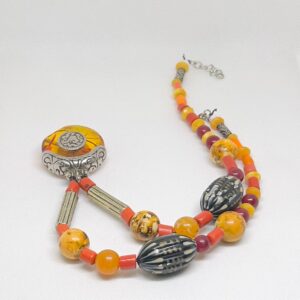 Vintage Faux Amber Coral Bead Necklace: Handmade Bohemian Tribal Pendant