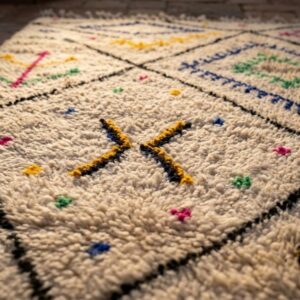 Hand-knotted Ivory Beni Ourain Wool Rug, Colorful Berber Symbols, Plush Shag Carpet