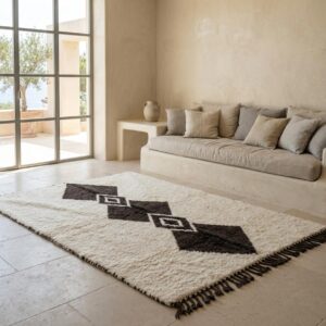 Handwoven Beni Ourain Diamond Wool Rug, Brown Cream Berber Carpet, Boho Living Room Decor