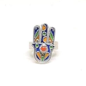 Amazigh Hamsa Hand Sterling Silver Ring: Red Coral Enamel, Tribal Jewelry
