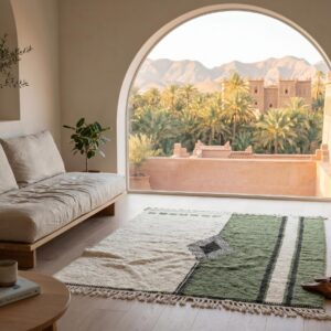 Amazigh Olive Green Beni Ourain Rug, Split Field Wool Carpet, Handmade Shag Diamond Living Room