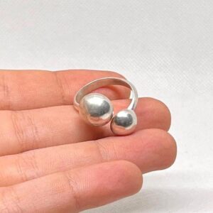 Handmade Sterling Silver Double Ball Ring: Adjustable Boho Style