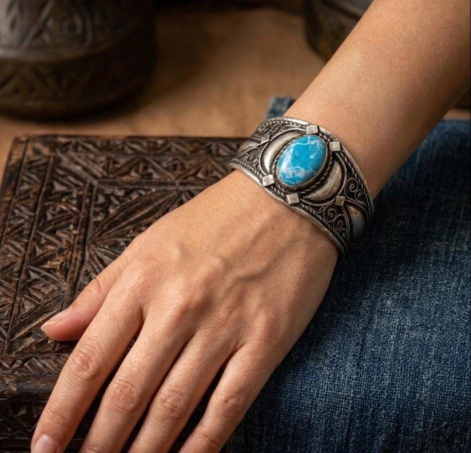 Bracelet Plated Silver Turquoise Berber Cuff Antique Handmade Adjustable Vintage African Tuareg Tribal