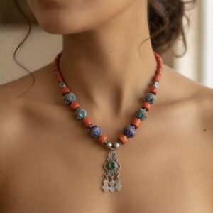 Vintage Coral Lapis Lazuli Necklace, Sterling Silver, Tibetan Tribal Jewelry