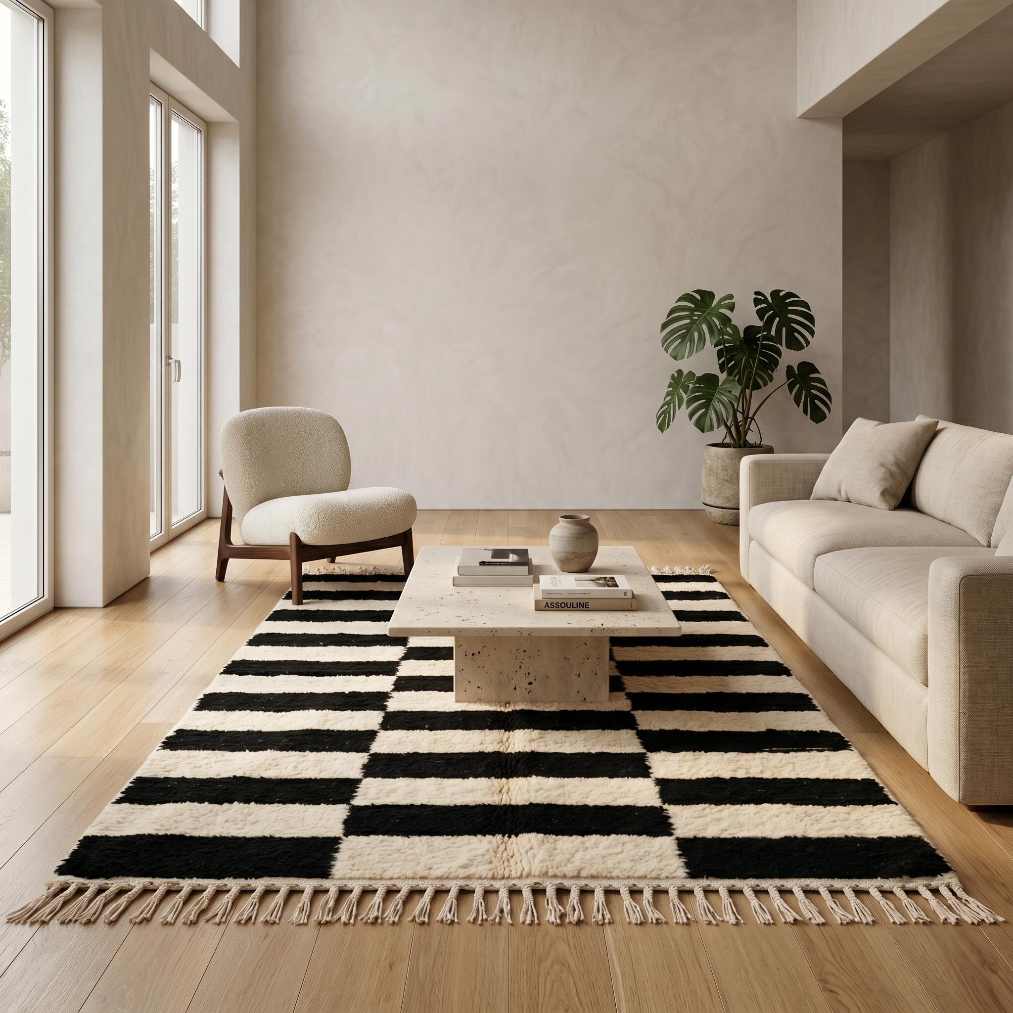 Checkered Rug - Ivory Black Wool Rug - Handmade Stripe Block Rug - Minimalist Area Rug - Berber Carpet - Multiple Sizes