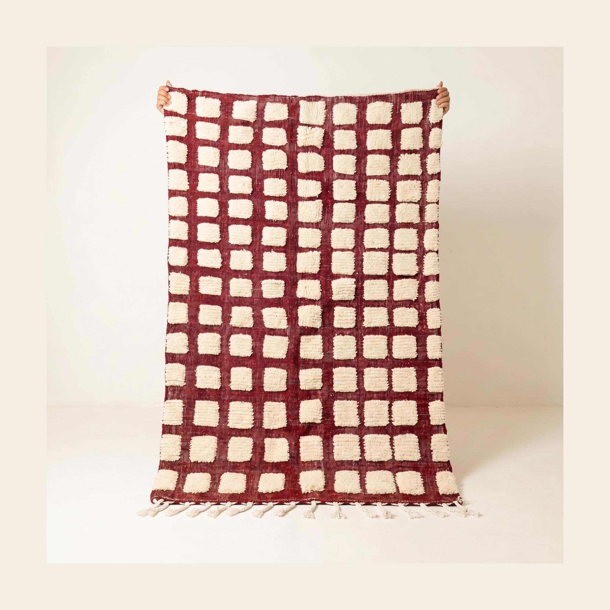 Checkered Rug - Burgundy Ivory Wool Rug - Handmade Checker Rug - Maximalist Area Rug - Rich Berber Carpet - Multiple Sizes