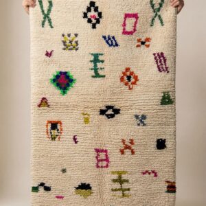 Azilal Rug - Ivory Pixel Art Wool Rug - Handmade Symbol Rug - Fun Boho Area Rug - Colorful Berber Carpet - Multiple Sizes