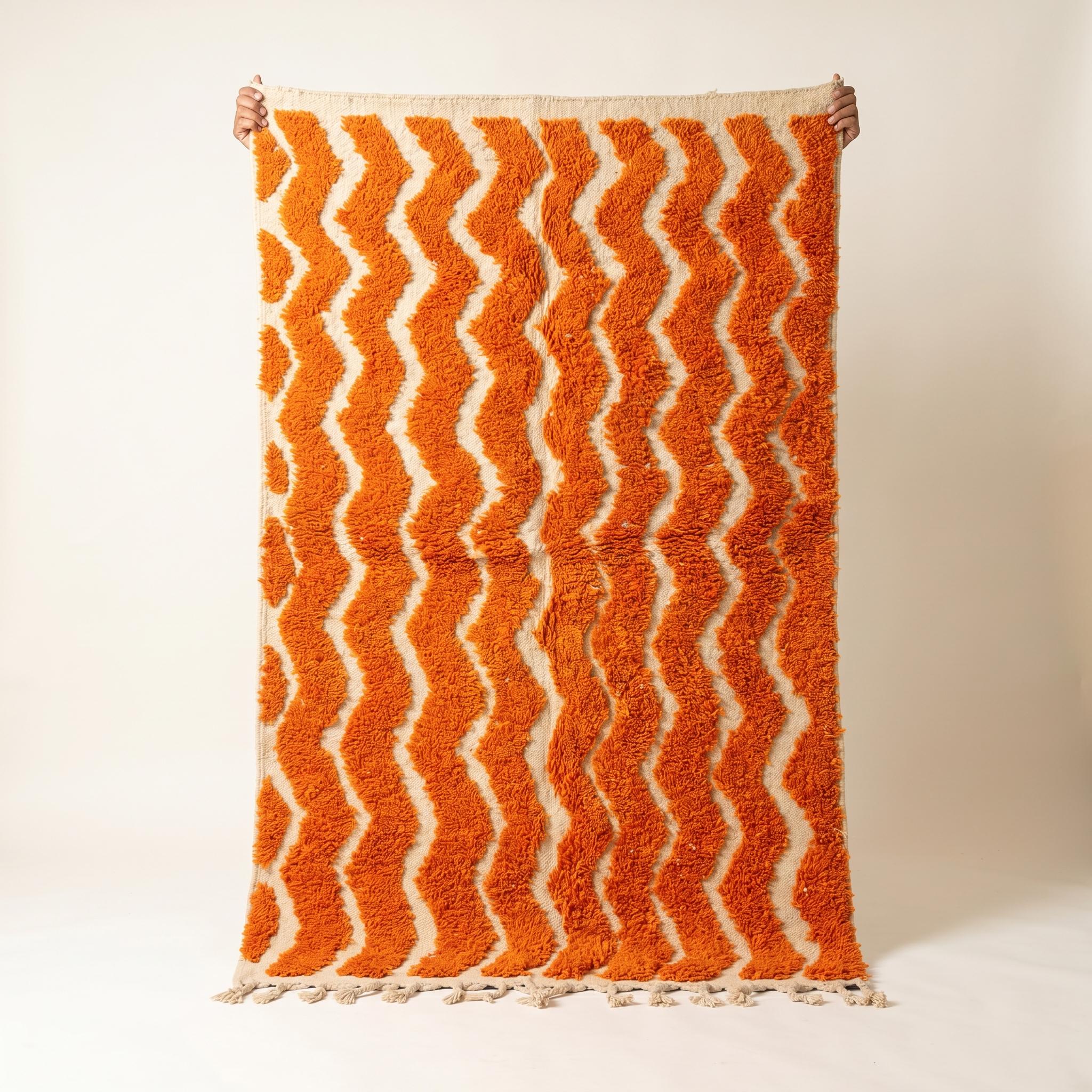 Rug - Ivory Orange Zigzag Wool Rug - Handmade Berber Wave Rug - Terracotta Boho Area Rug - Abstract Stripe Carpet - Multiple Sizes