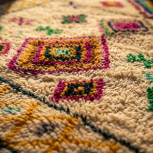 Amazigh Handmade Beni Ourain Wool Rug, Rainbow Diamond Shag Carpet, Boho Eclectic Ivory Pink Green