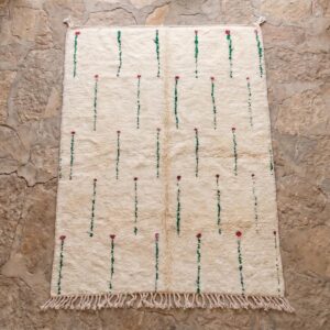 Berber Shag Rug - Ivory Wool with Green Stem & Pink Flower Motifs, Soft Handmade Area Rug