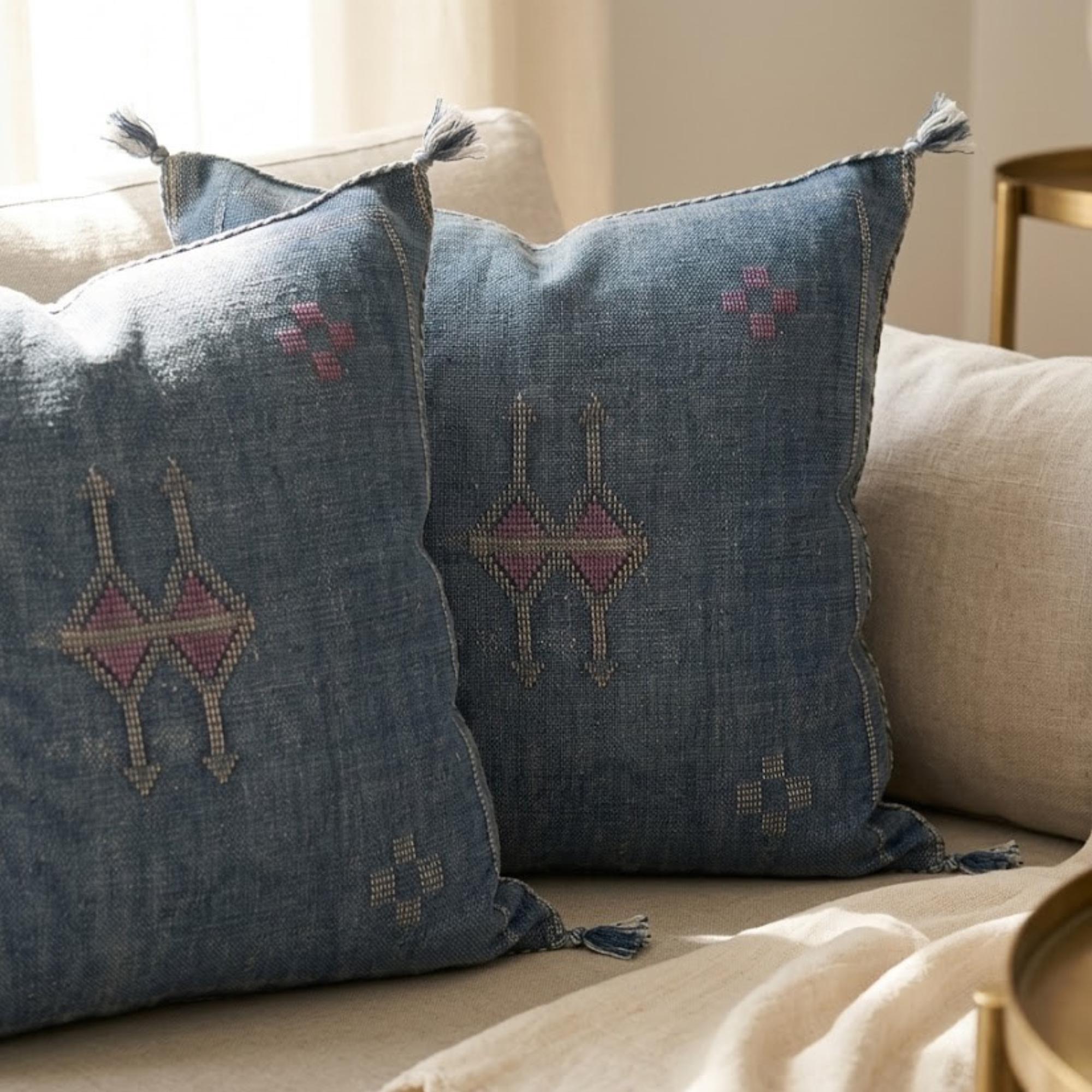 Berber Blue Cactus Silk Handmade Sabra Cushion Pillow