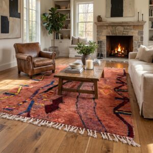 Berber Terracotta Rug, Abstract Tribal Wool Area Rug, Rust Red Boujaad Carpet, Hand Knotted Earthy Custom Boho Area Rug