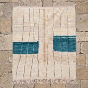 Ivory & Teal Beni Ourain Rug - Handwoven Wool Shag, Color Block Berber Carpet, Modern Boho Living Room Area Rug