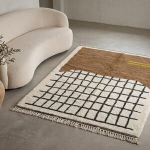 Chocolate Brown Grid Amazigh Rug, Hand-Knotted Beni Ourain Wool Carpet, Earthy Modern Shag