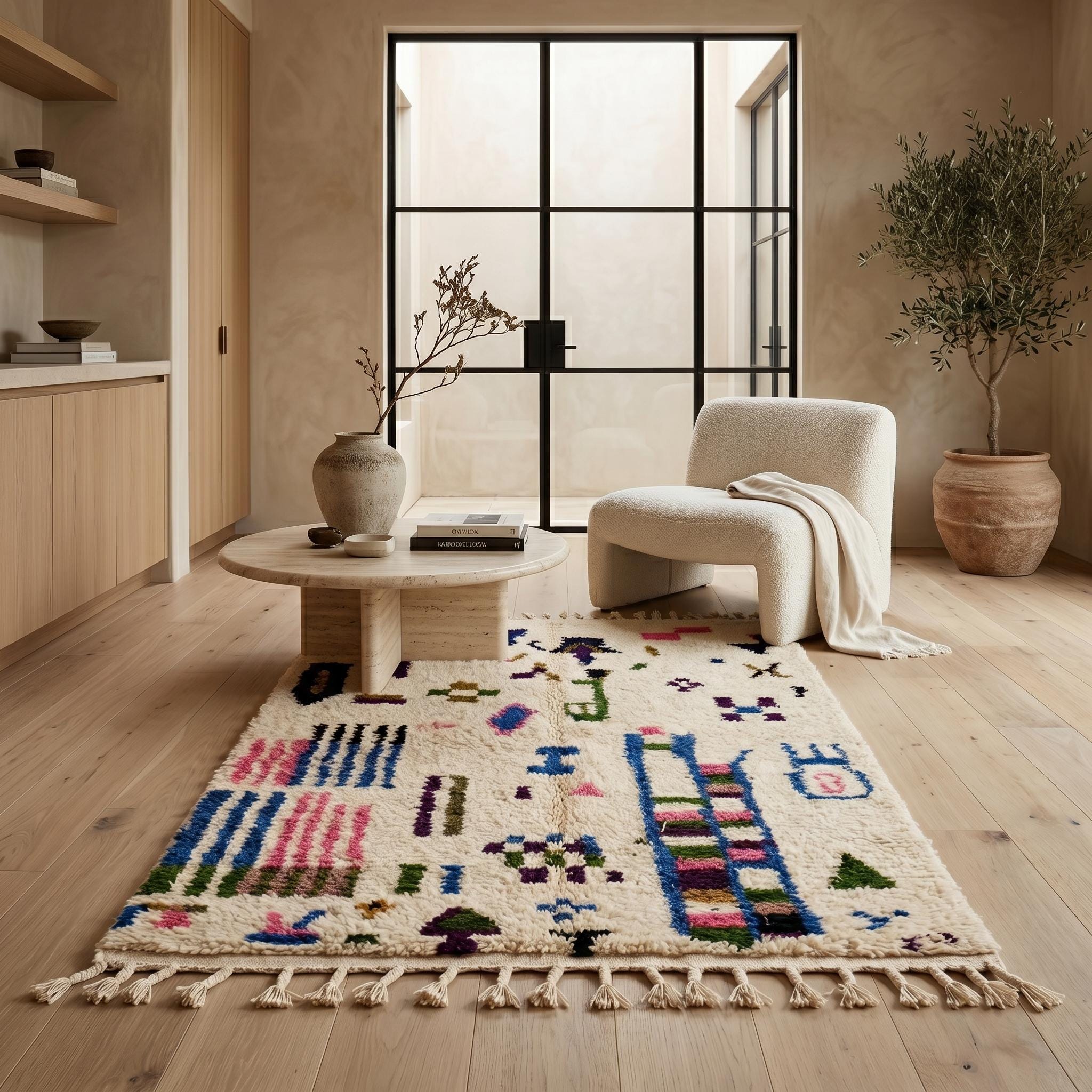 Azilal Rug - Ivory Multicolor Wool Rug - Handmade Abstract Symbol Rug - Colorful Boho Area Rug - Berber Carpet - Multiple Sizes