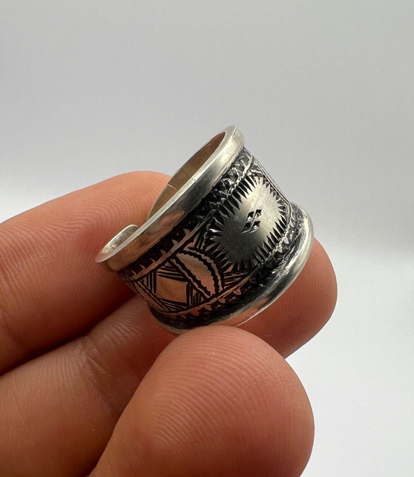Sterling Silver Amazigh Ring - Hand-Engraved Berber Tribal Band (Size 7 US)