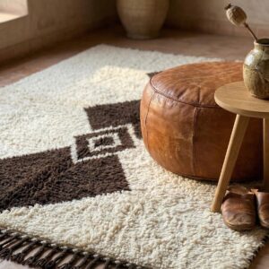 Handwoven Beni Ourain Diamond Wool Rug, Brown Cream Berber Carpet, Boho Living Room Decor