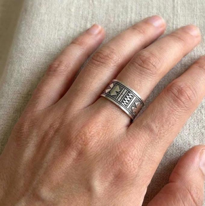 Handmade Sterling Silver Tuareg Cross Ring: Engraved Berber Ethnic Tribal Jewelry