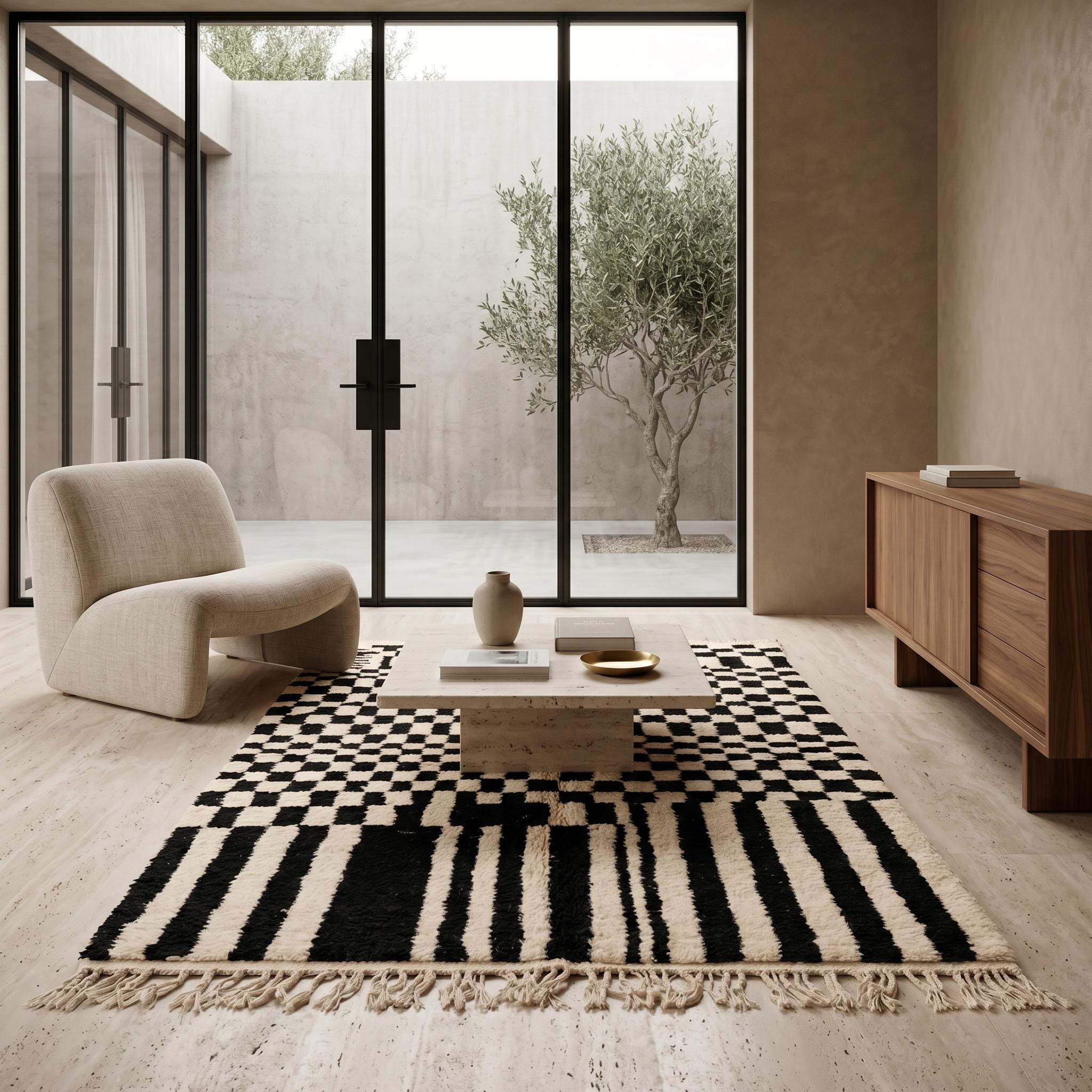 Checkered Rug - Ivory Black Wool Rug - Handmade Checker Stripe Transition Rug - Modern Area Rug - Berber Carpet - Multiple Sizes