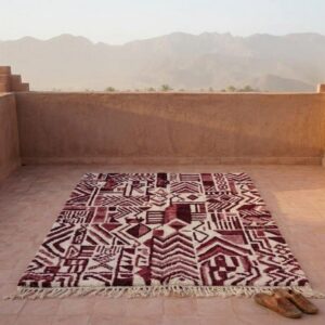 Handwoven Burgundy Berber Rug - Abstract Tribal Wool Shag Carpet