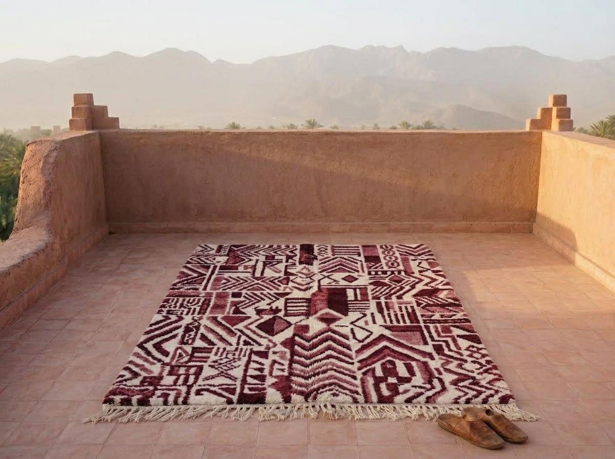 Handwoven Burgundy Berber Rug - Abstract Tribal Wool Shag Carpet