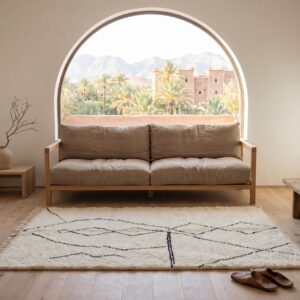 Hand-Knotted Ivory Wool Rug, Minimalist Black Diamond Berber Carpet, Scandinavian Shag Home
